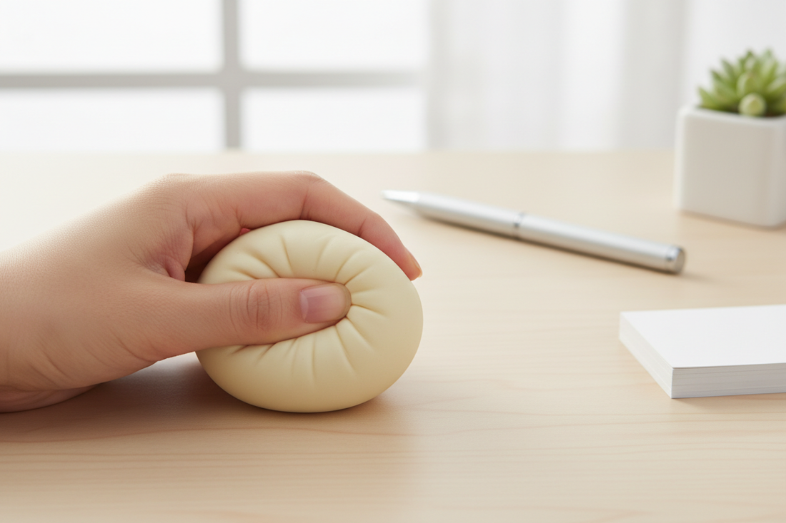 A hand squeezing a soft dumpling squishy toy on a desk for focus and stress relief