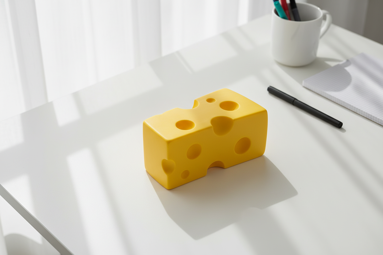 Extra large yellow cheese squeeze toy on a desk for stress relief