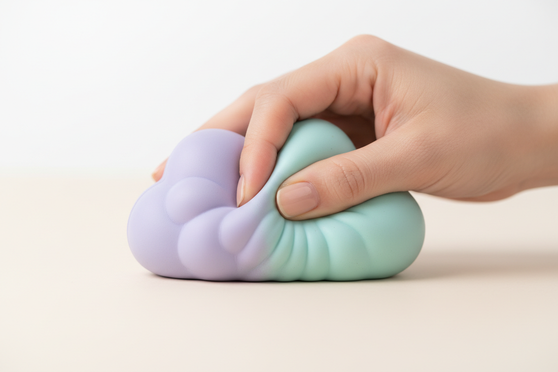 A hand squeezing a pastel squishy toy for stress relief