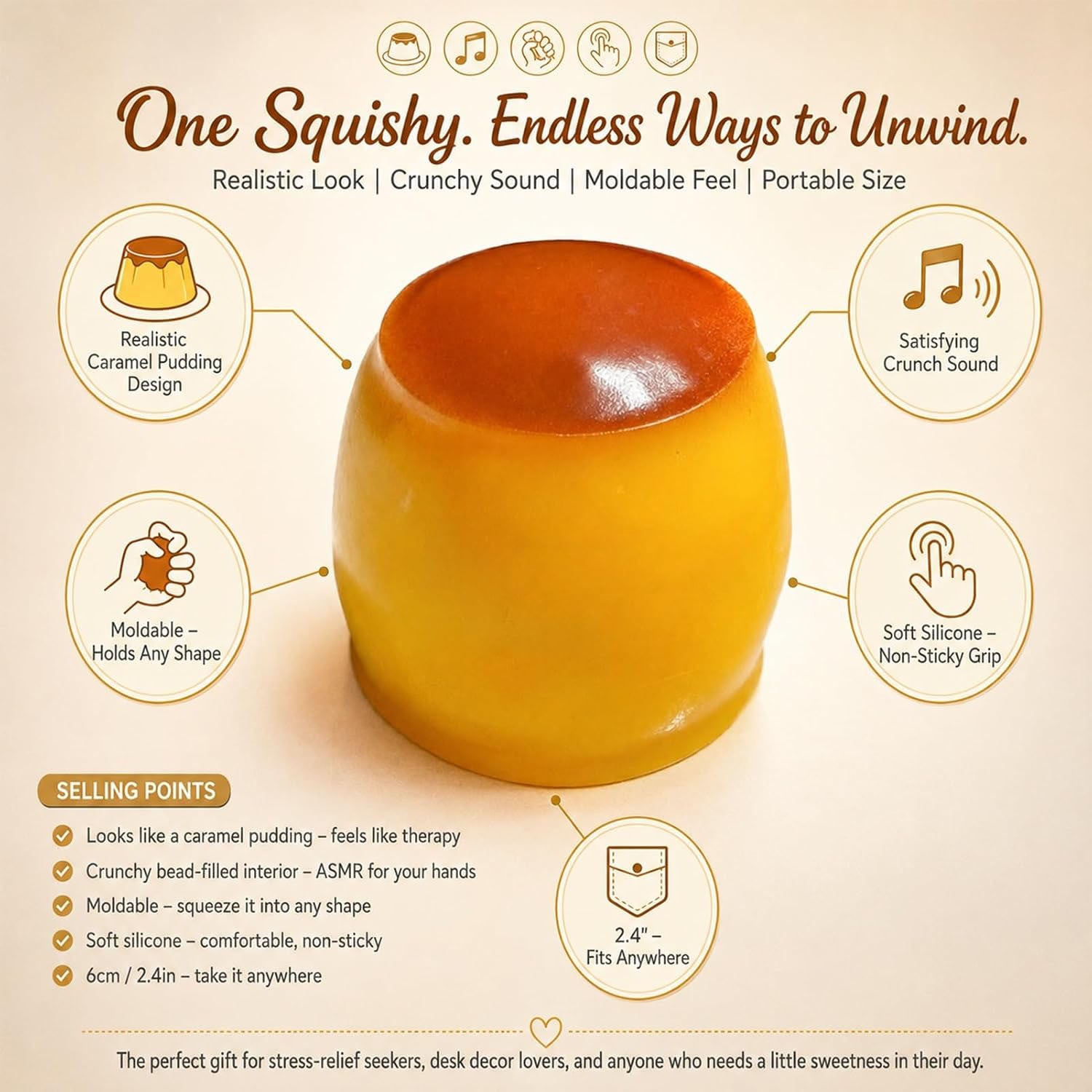 OozeJoy Caramel Crunch Pudding Squishy — Moldable ASMR Fidget | Stress Relief Desk Toy